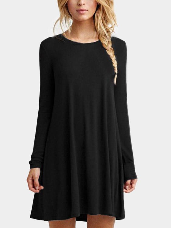 Black Round Neck Long Sleeve Ruffle Hem Mini Dresses