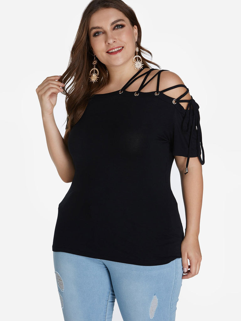 Off The Shoulder Plain Lace-Up Short Sleeve Black Plus Size Tops