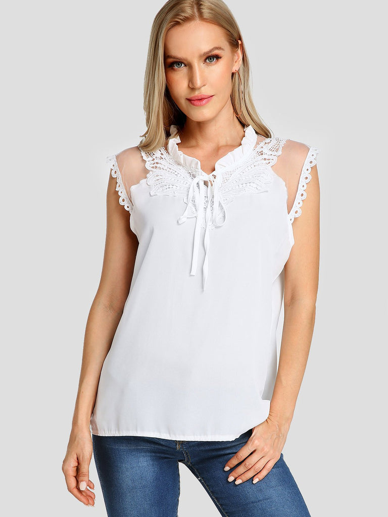 V-Neck Plain Crochet Lace Embellished Self-Tie Sleeveless T-Shirts