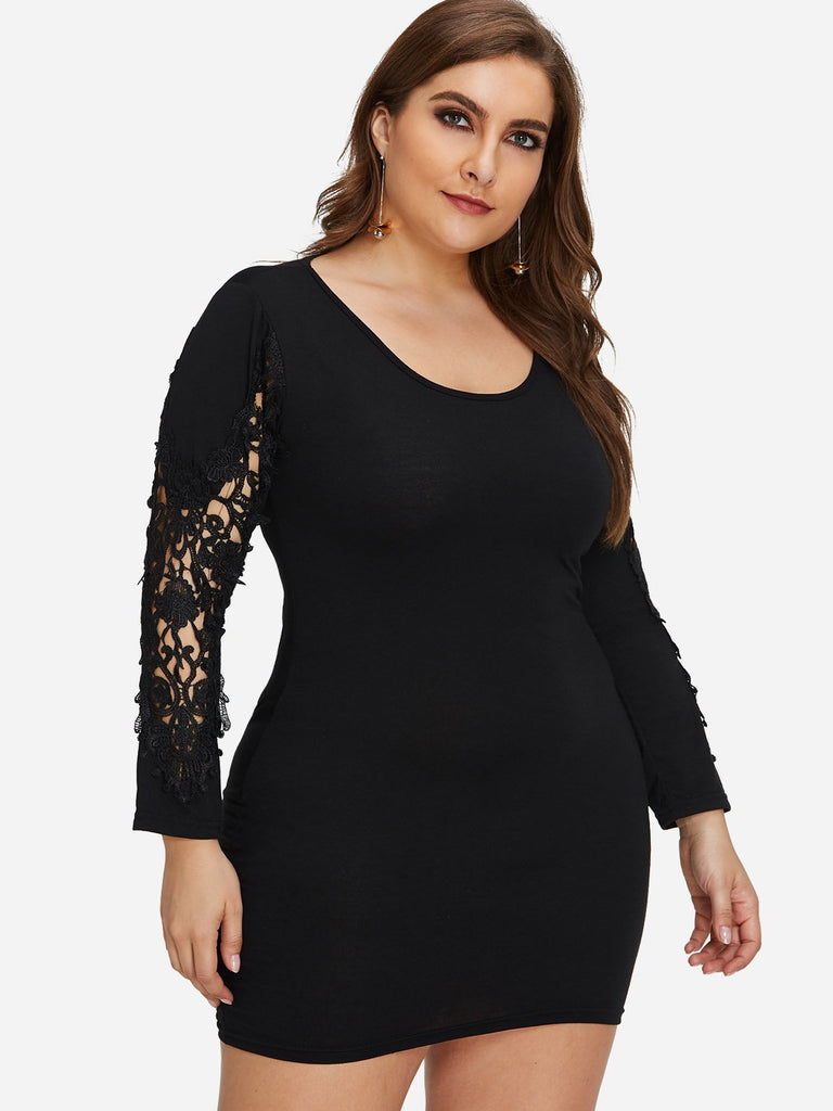 Round Neck Plain Cut Out Long Sleeve Black Plus Size Dress