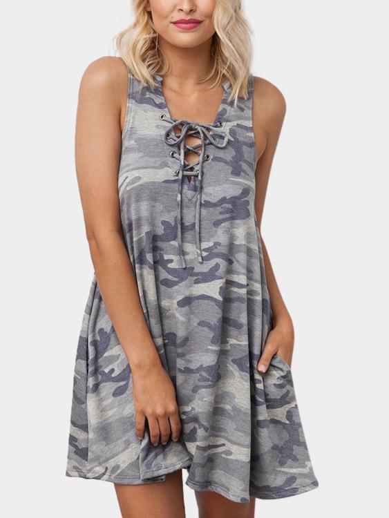 Camo V-Neck Sleeveless Camouflage Lace-Up Dress