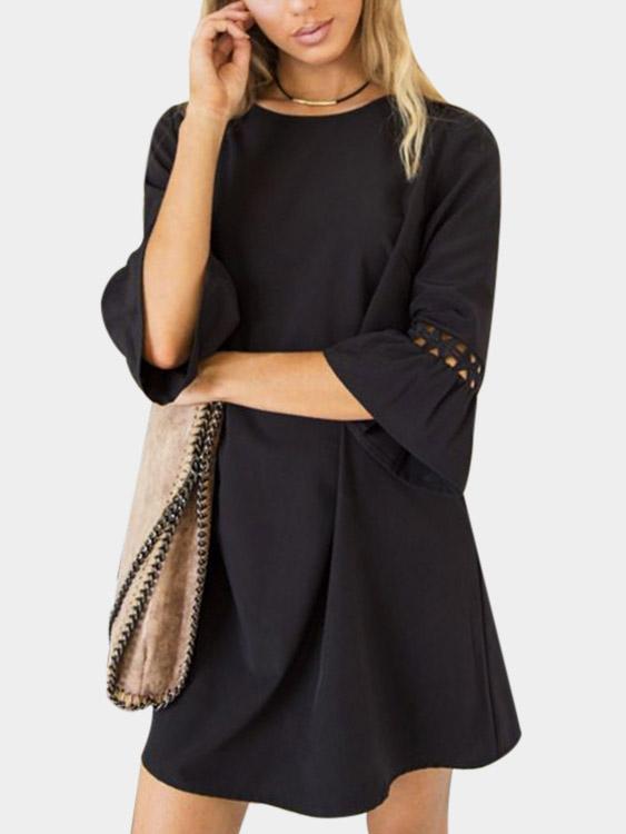 Round Neck Cut Out 3/4 Length Sleeve Curved Hem Black Casual Dresses