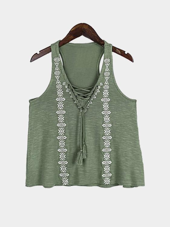 V-Neck Embroidered Sleeveless Green Camis