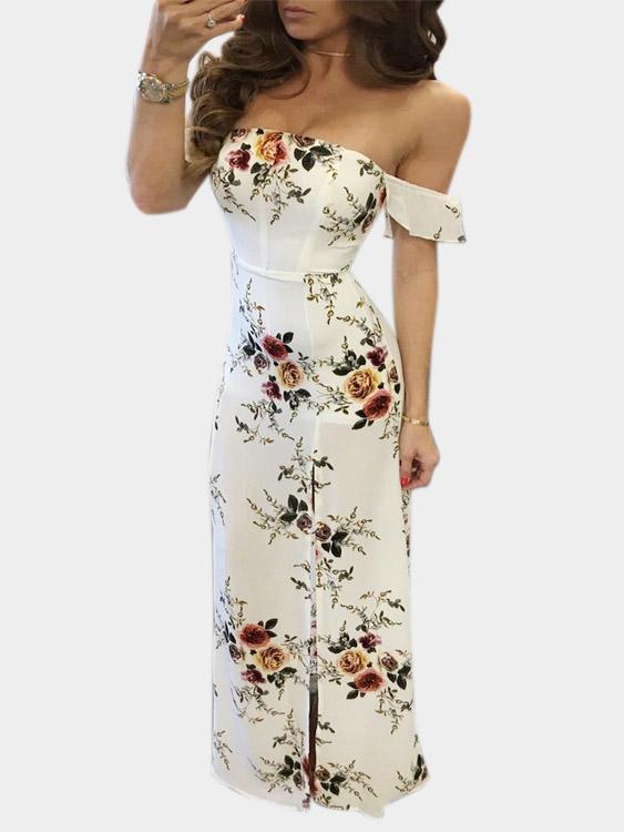 White Floral Print Slit Hem Dresses