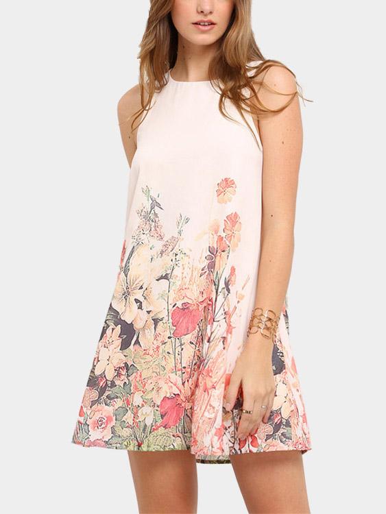 Round Sleeveless Neck Floral Print Mini Dress