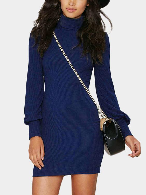 Blue High Neck Long Sleeve Casual Dresses