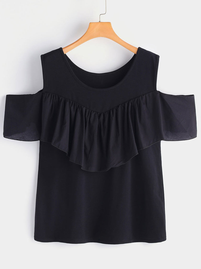 Round Neck Cold Shoulder Plain Tiered Ruffle Trim Short Sleeve Black Plus Size Tops