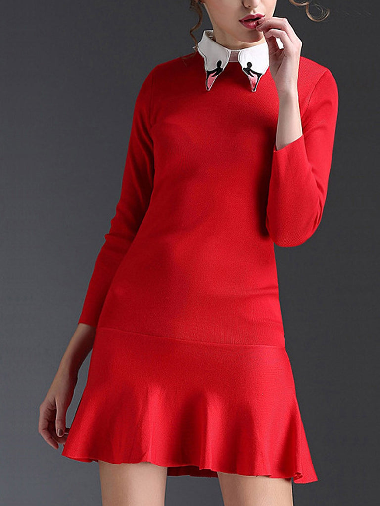 Red Long Sleeve Embroidered Plain Flounced Hem Mini Dress