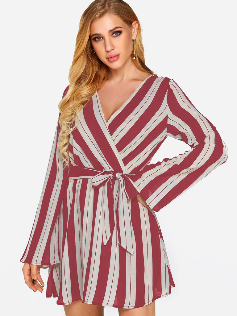 Red V-Neck Long Sleeve Stripe Self-Tie Wrap Dresses