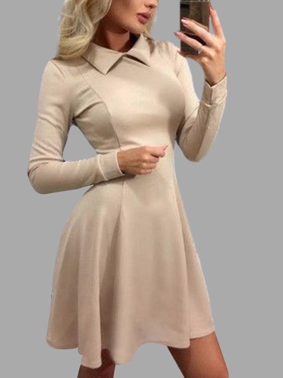 Khaki Perkins Collar Long Sleeve Plain Zip Back Ruffle Hem Casual Dresses