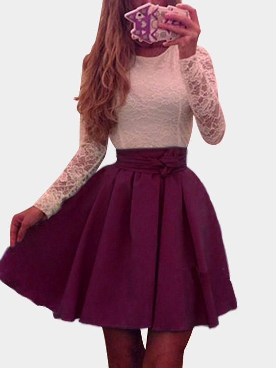 Burgundy Round Neck Long Sleeve Lace Zip Back Ruffle Hem Sexy Dress