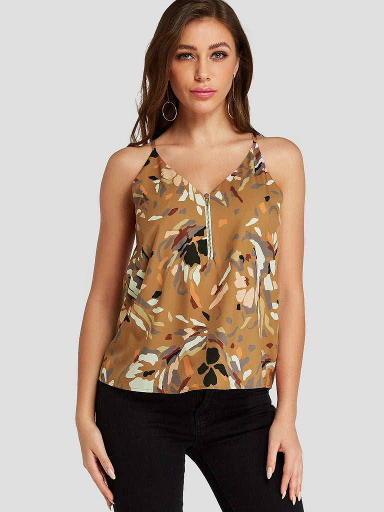 V-Neck Camouflage Zip Back Spaghetti Strap Sleeveless Yellow Tank Top