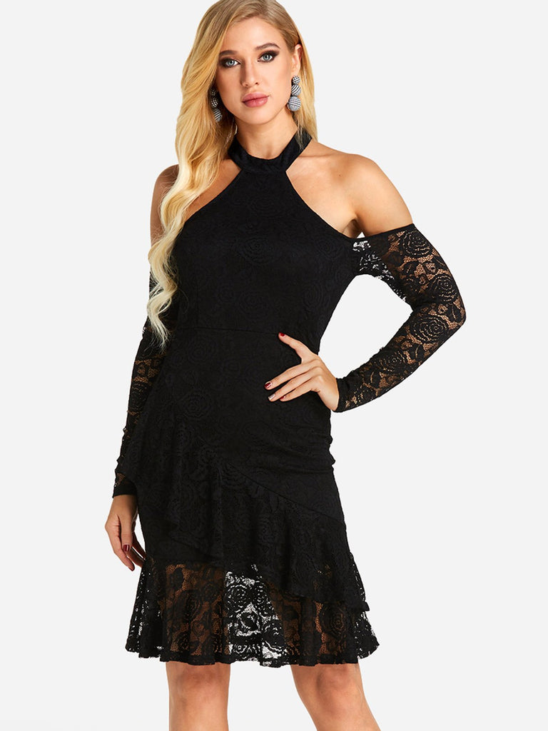 Black Halter Long Sleeve Plain Lace See Through Ruffle Hem Sexy Dress