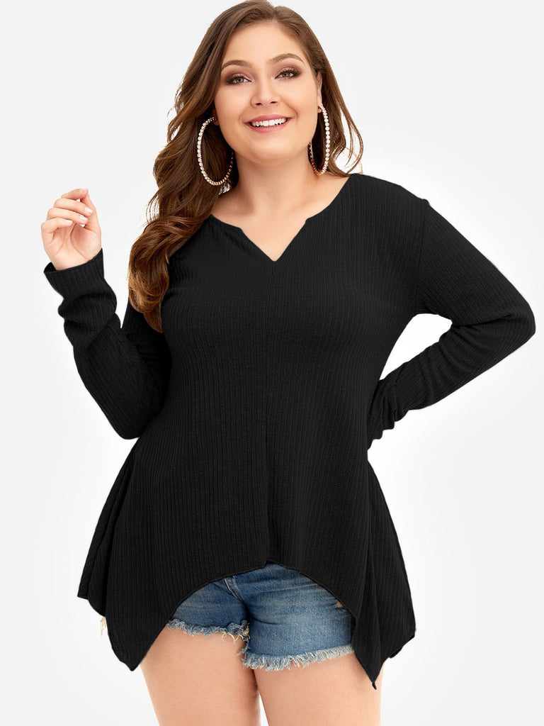 Plain Long Sleeve Handkerchief Hem Black Plus Size Tops