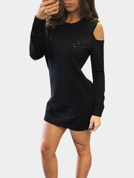 Round Neck Cold Shoulder Long Sleeve Black Casual Dresses