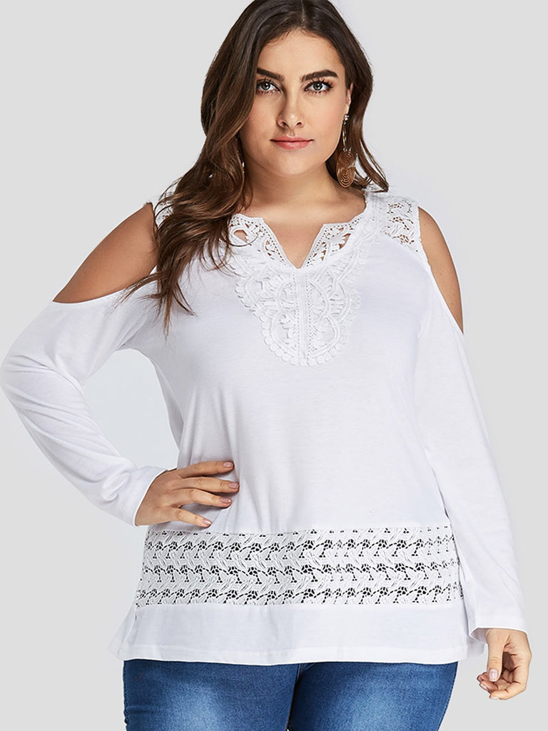 V-Neck Embroidered Lace Long Sleeve White Plus Size Tops