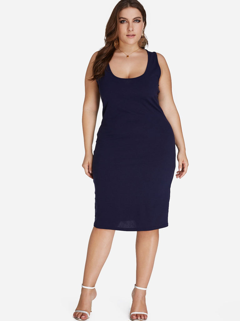 Scoop Neck Plain Sleeveless Plus Size Dresses