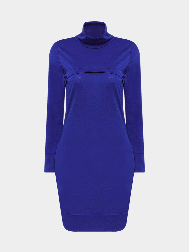 Royal Blue High Neck Long Sleeve Side Pockets Mini Dress