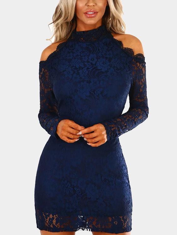 Round Neck Cold Shoulder Long Sleeve Lace Zip Back Cut Out Bodycon Mini Dresses