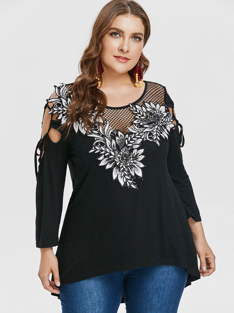 Round Neck Plain Hollow Cut Out Long Sleeve High-Low Hem Black Plus Size Tops