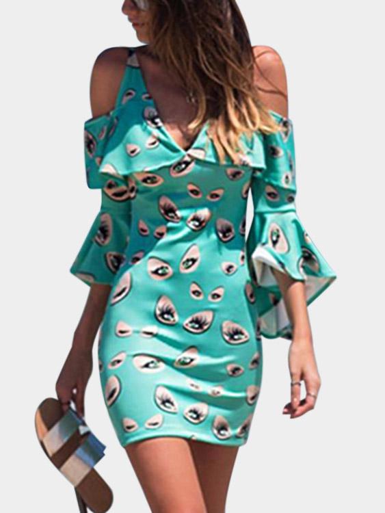 Green V-Neck Cold Shoulder 3/4 Length Sleeve High-Waisted Bodycon Dress