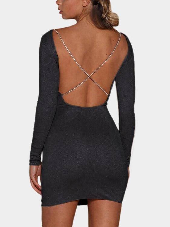 Black Round Neck Long Sleeve Backless Bodycon Mini Dresses