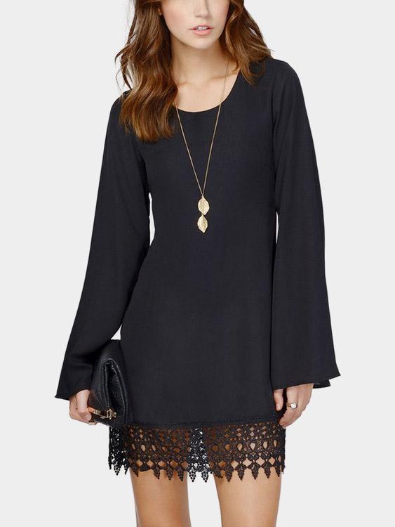 Round Neck Lace Long Sleeve Black Casual Dresses