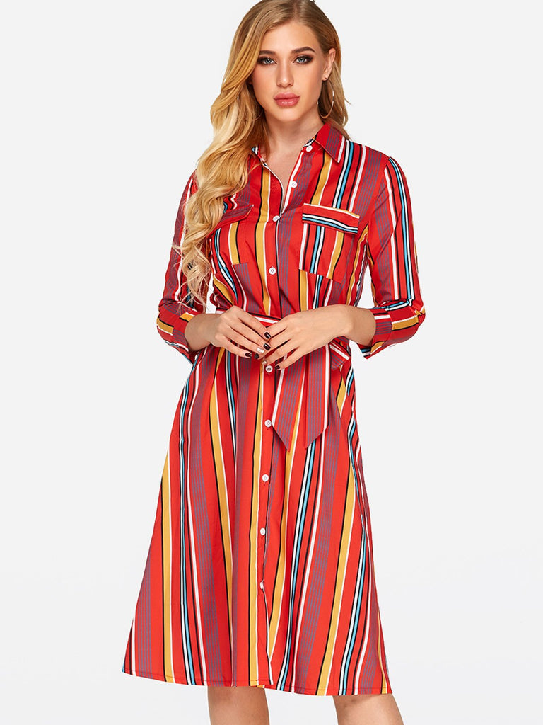 Classic Collar 3/4 Length Sleeve Printed Belt Sexy Dress