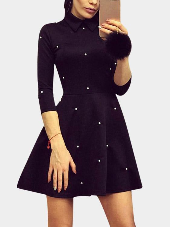 Classic Collar 3/4 Length Sleeve Ruffle Hem Black High-Waisted Casual Dresses