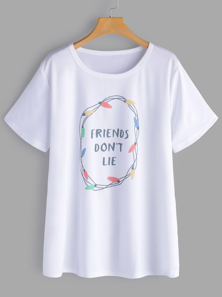 Round Neck Letter White Oversized Tops With Short Sleeve