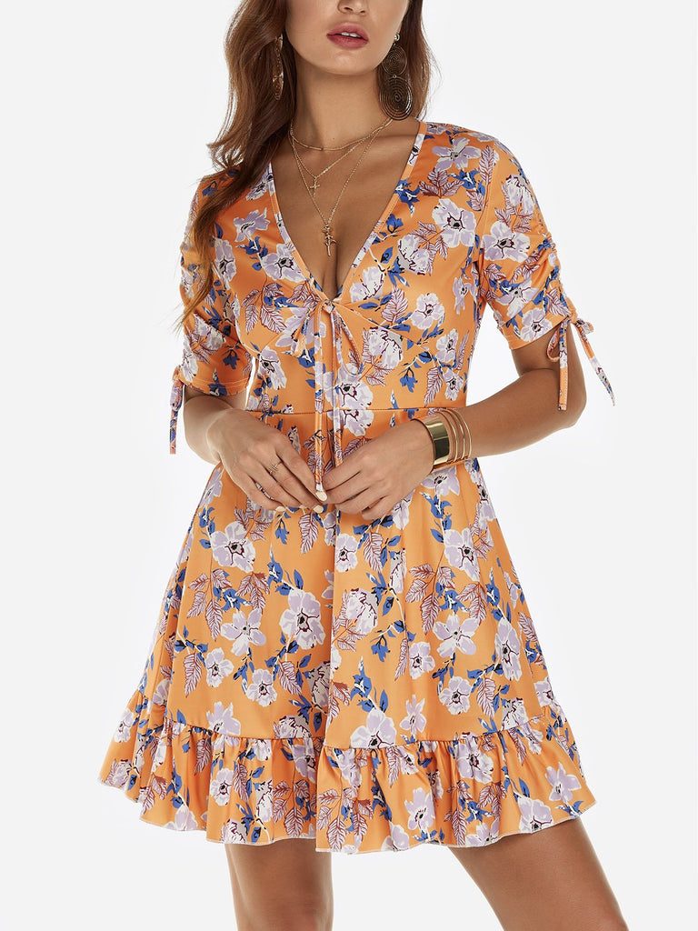 Orange V-Neck Short Sleeve Floral Print Lace-Up Cut Out Flounced Hem Dresses