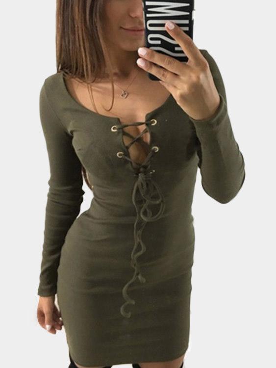 V-Neck Long Sleeve Lace-Up Mini Dress