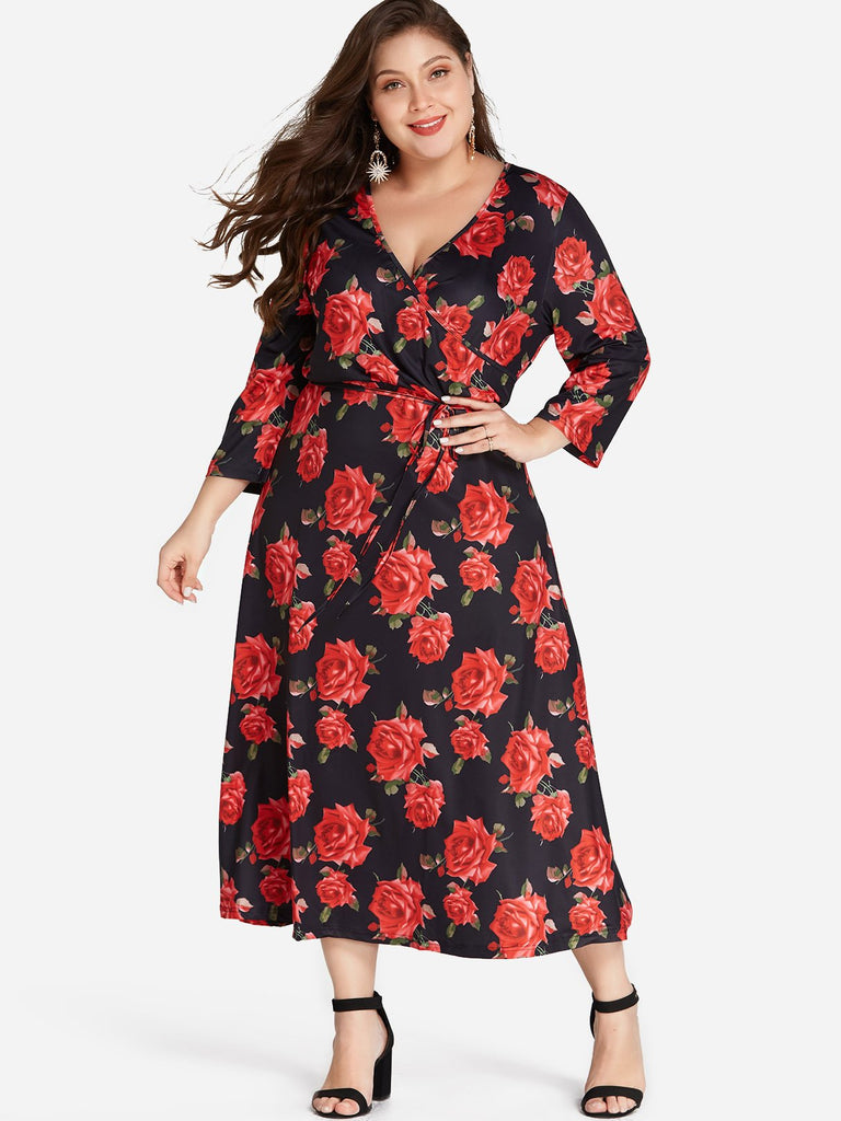 V-Neck Floral Print Self-Tie Wrap 3/4 Sleeve Rose Plus Size Dress