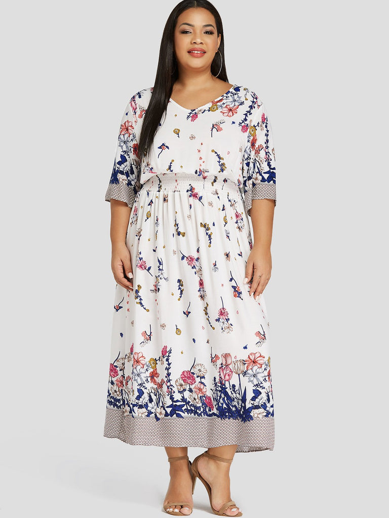 V-Neck Floral Print Half Sleeve White Plus Size Dress