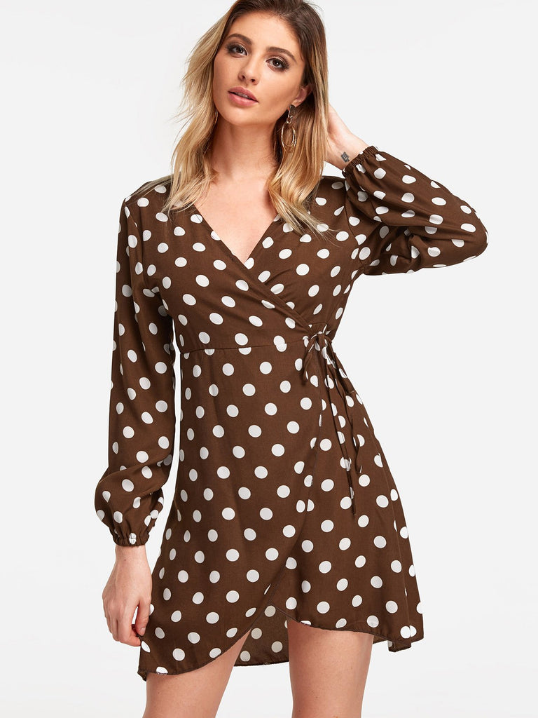 Coffee Deep V Neck Long Sleeve Polka Dot Lace-Up Wrap Dresses