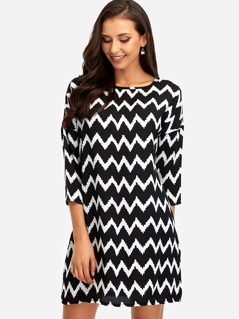 Black Square Neck Long Sleeve Wave Mini Dress