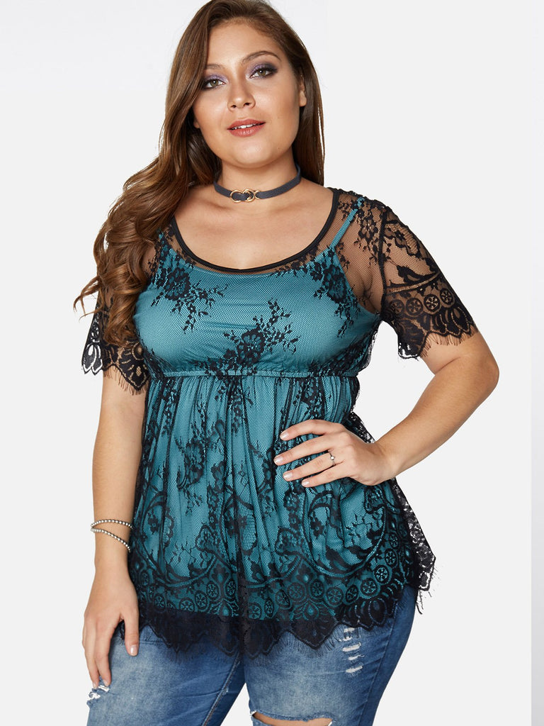 Lace Short Sleeve Tassel Hem Blue Plus Size Tops