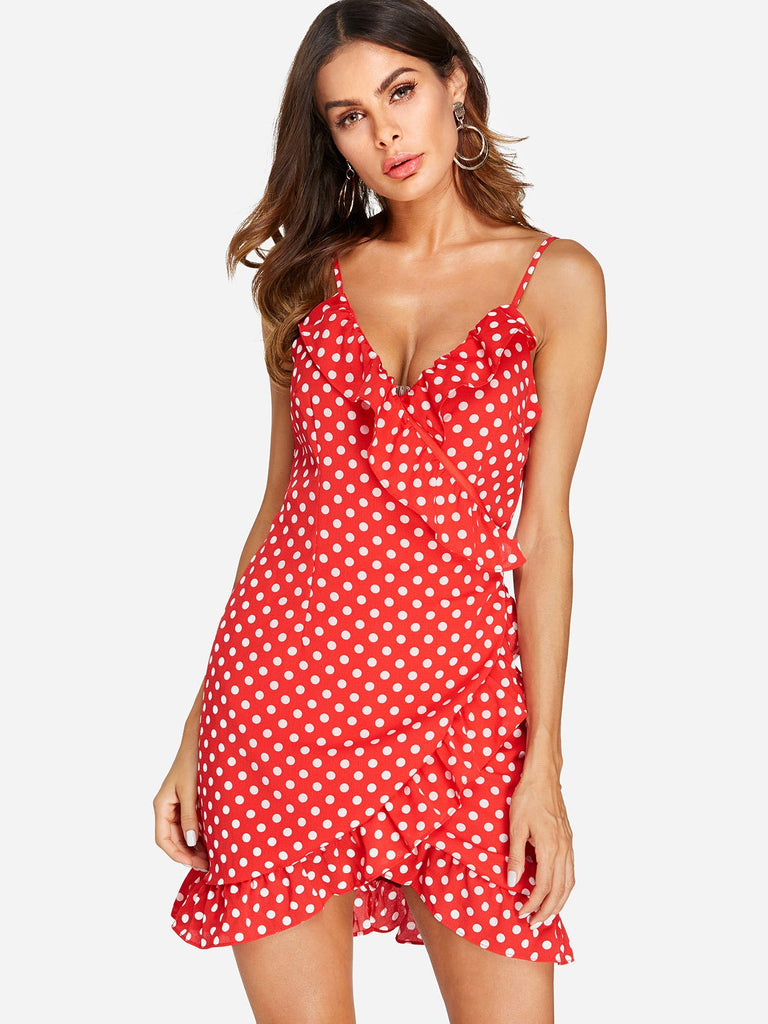 Red V-Neck Sleeveless Polka Dot Spaghetti Strap Wrap Irregular Hem Sexy Dresses