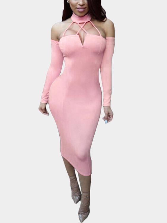 Pink Halter V-Neck Long Sleeve Plain Backless Cut Out Dresses