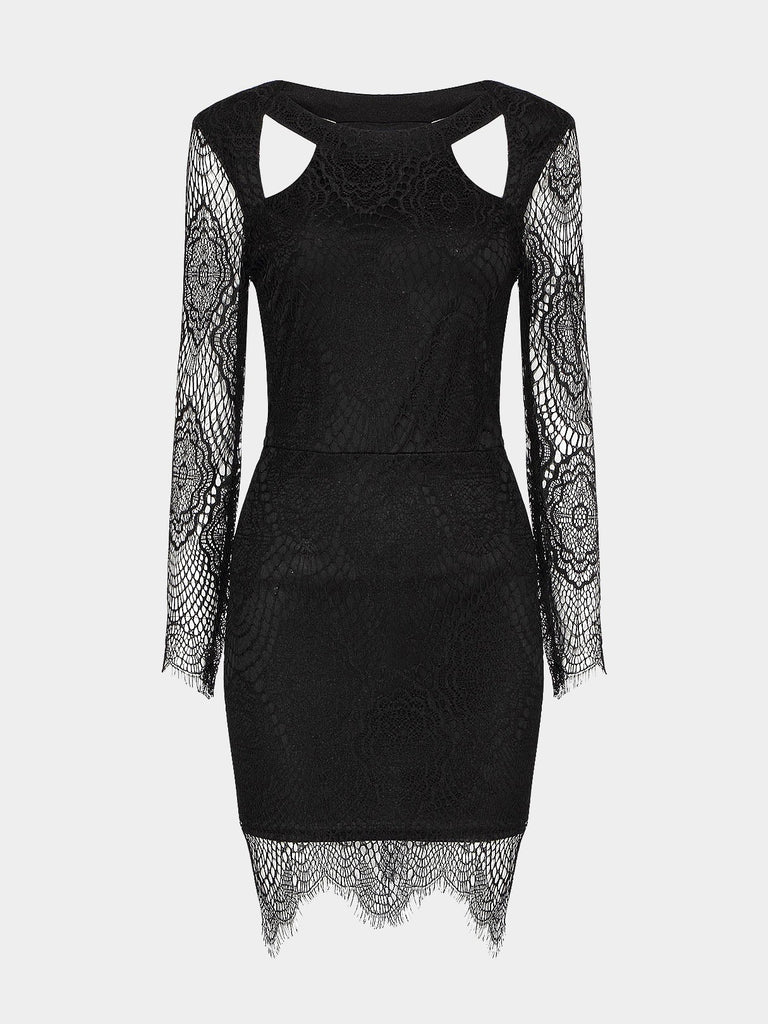 Black Lace Crochet Mini Dress