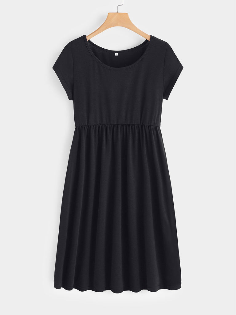 Round Neck Plain Short Sleeve Midi Dress