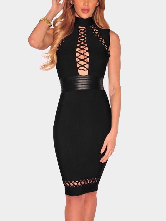 Black Crew Neck Sleeveless Hollow Bodycon Hem Sexy Dresses