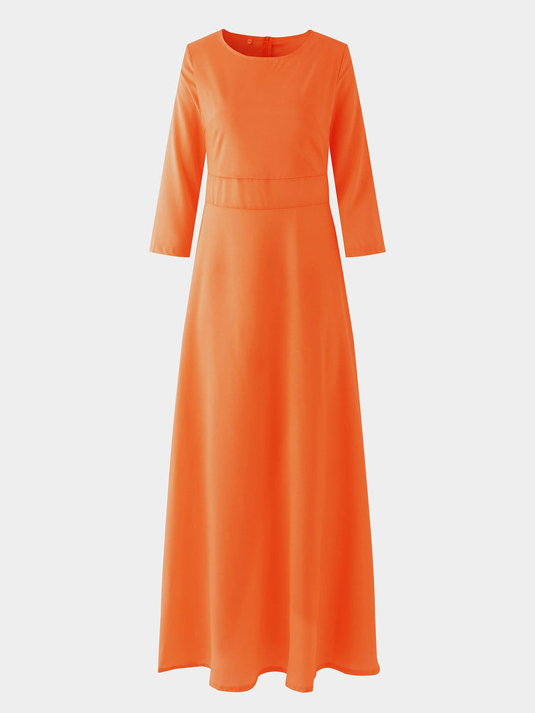 Orange Round Neck 3/4 Sleeve Length Plain Maxi Dress