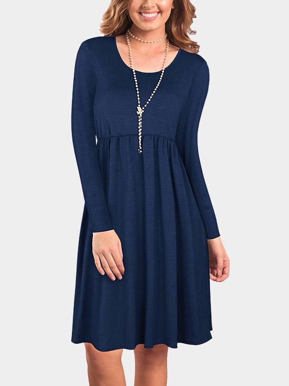 Round Neck Long Sleeve Stitching Hem Midi Dress