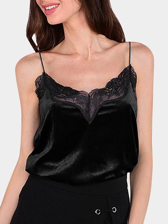 Deep V-Neck Lace Spaghetti Strap Sleeveless Black Camis