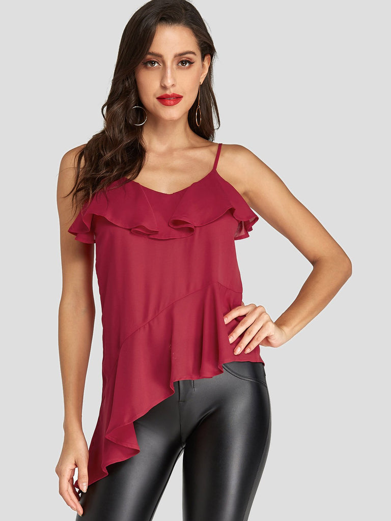 V-Neck Plain Sleeveless Irregular Ruffle Hem Burgundy Camis