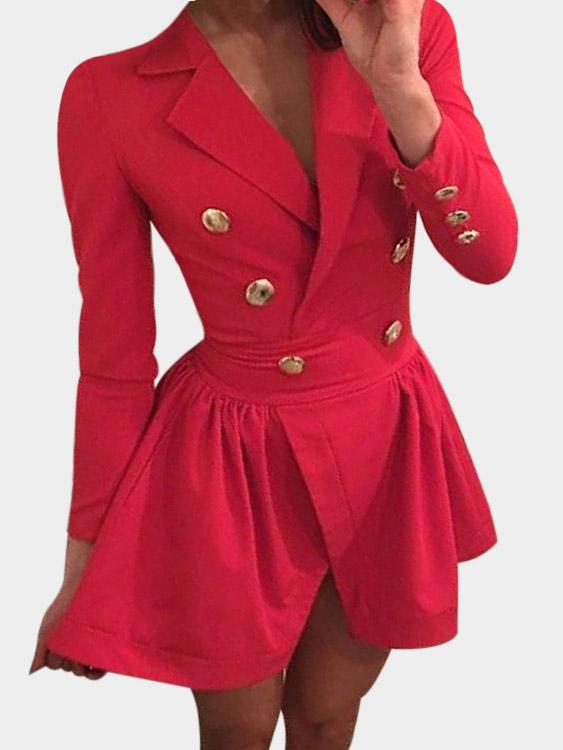 Red Lapel Collar Long Sleeve Crossed Front Zip Back Pleated Wrap Slit Hem Sexy Dresses