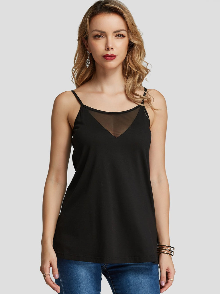 V-Neck Plain Spaghetti Strap See Through Sleeveless Black Tank Top