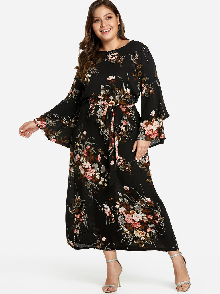 Round Neck Floral Print Tiered Self-Tie Long Sleeve Flounced Hem Black Plus Size Dress