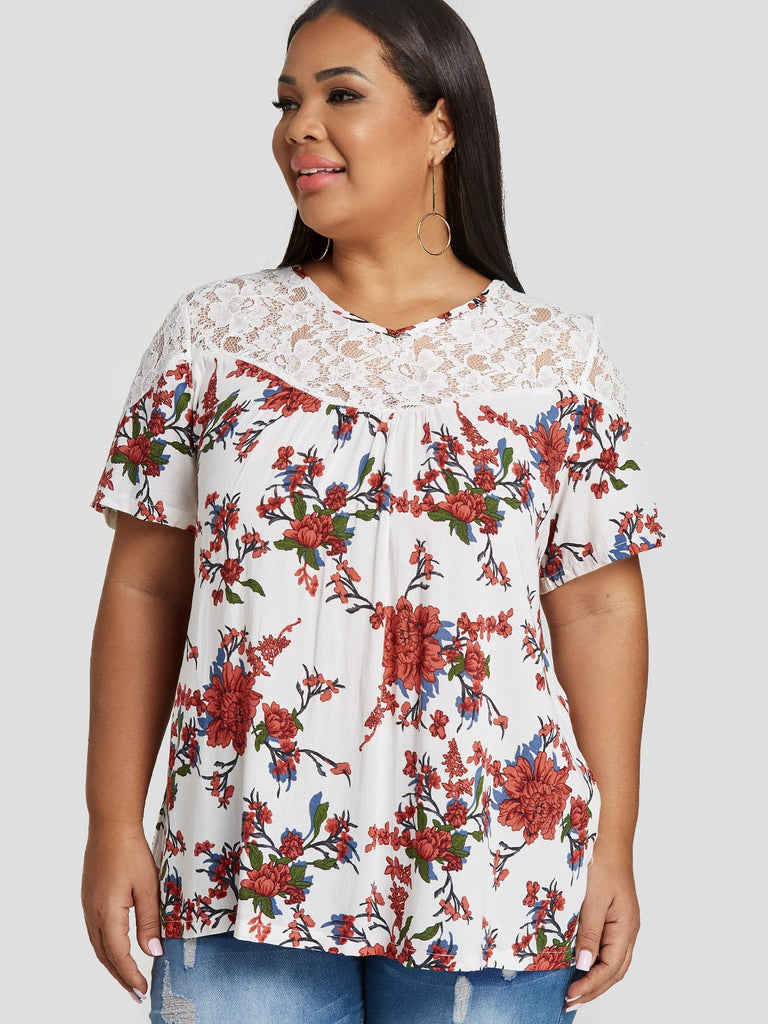 Round Neck Floral Print Short Sleeve White Plus Size Tops